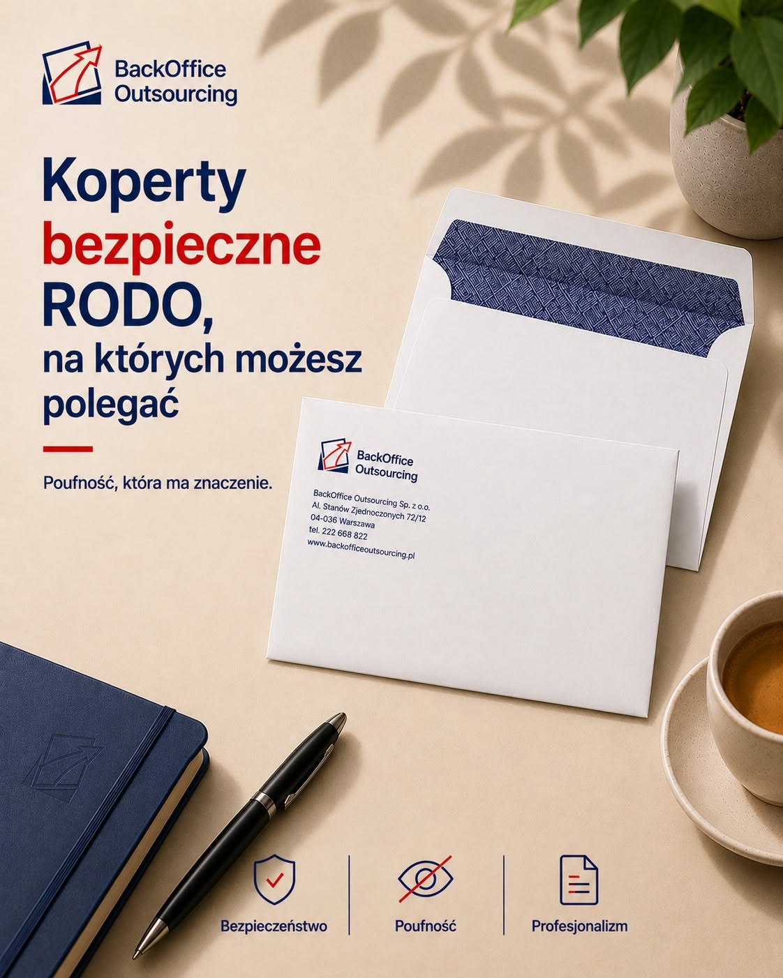 Koperty bezpieczne RODO z granatowym nadrukiem wewnętrznym na biurku